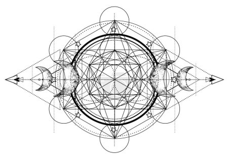 Illustration for Metatron Cube. Moon pagan Wicca moon goddess symbol. Three-faced Goddess, Maiden, Mother, Crone isolated vector illustration. Tattoo, astrology, alchemy, boho and magic symbol. Coloring book. - Royalty Free Image