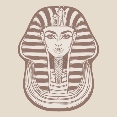 Máscara del rey Tutankamón, antiguo faraón egipcio. Ilustración del contorno del vector vintage dibujado a mano. Flash tatuaje, camiseta o diseño de póster, postal, página del libro para colorear. Egipto historia.