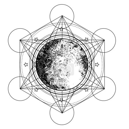 Illustration for Metatron Cube. Moon pagan Wicca moon goddess symbol. Three-faced Goddess, Maiden, Mother, Crone isolated vector illustration. Tattoo, astrology, alchemy, boho and magic symbol. Coloring book. - Royalty Free Image