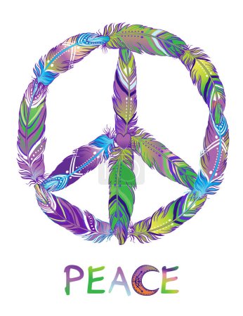 Illustration for Peace sign made of colored bird feathers. Hippie symbol. Sixties Boho Style. Tribal Native American Indians Motifs. Design for T-shirt. Vector illustration. - Royalty Free Image