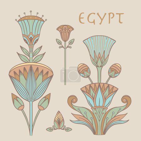 Illustration for Egyptian floral colorful design element set isolated on white. Lotus flower, vector sign, symbol, logo illustration. Spirituality, occultism, chemistry, flower tattoo. - Royalty Free Image