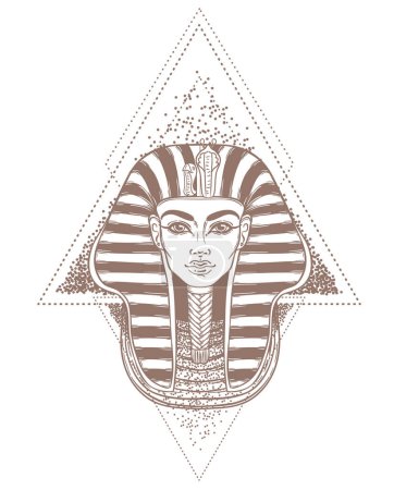 Illustration for King Tutankhamun mask, ancient Egyptian pharaoh. Hand-drawn vintage vector outline illustration. Tattoo flash, t-shirt or poster design, postcard, coloring book page. Egypt history. - Royalty Free Image
