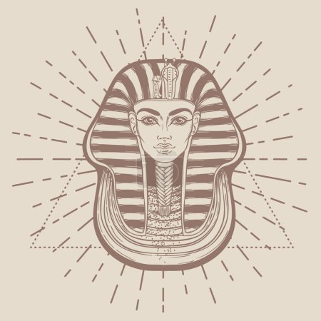 Illustration for King Tutankhamun mask, ancient Egyptian pharaoh. Hand-drawn vintage vector outline illustration. Tattoo flash, t-shirt or poster design, postcard, coloring book page. Egypt history. - Royalty Free Image