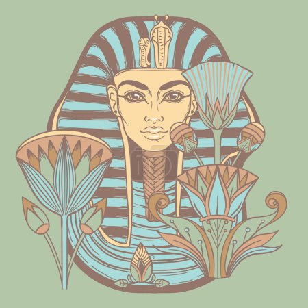 Máscara del rey Tutankamón, antiguo faraón egipcio. Ilustración del contorno del vector vintage dibujado a mano. Flash tatuaje, camiseta o diseño de póster, postal, página del libro para colorear. Egipto historia.