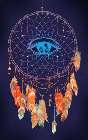 Illustration for Hand drawn Native American Indian talisman dreamcatcher with feathers and moon. Vector hipster illustration isolated on dark blue. Ethnic design, boho chic, tribal symbol. Coloring book for adults. - Royalty Free Image