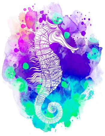 Colofful seahorse, decorative geometric vector illustration over watercolor background isolated on white