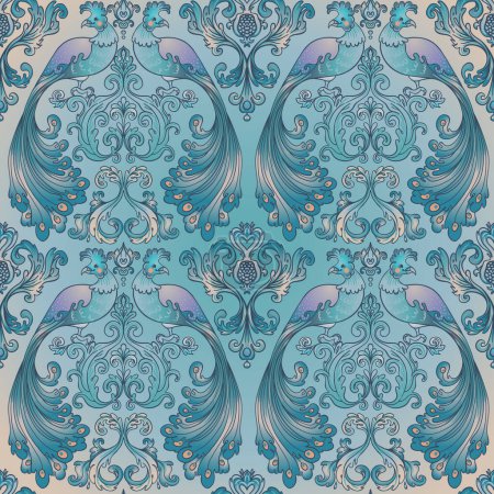 Illustration for Floral vintage seamless pattern wit birds for retro wallpapers. Enchanted Vintage Flowers. Arts and Crafts movement inspired. Design for wrapping paper, wallpaper, fabrics and fashion clothes. - Royalty Free Image