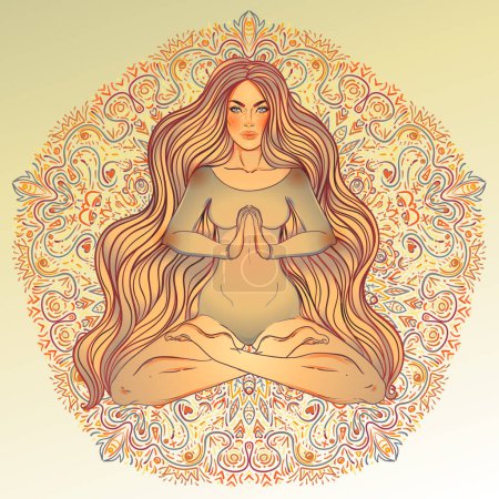 Belle fille assise en position lotus sur fond néon coloré orné. Illustration vectorielle. Composition psychédélique. Bouddhisme motifs ésotériques. Tatouage, yoga spirituel.