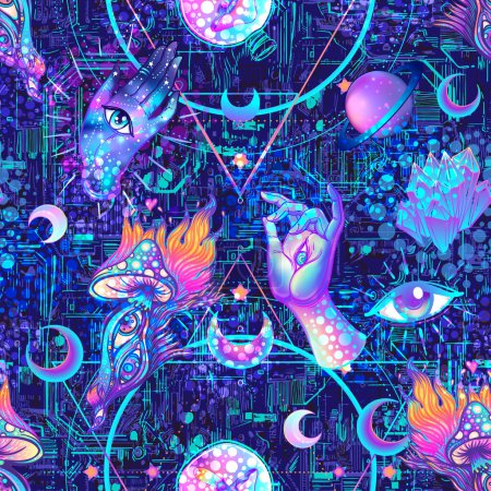 Illustration for Psychedelic seamless pattern: trippy mushrooms, peace sign, acid Buddha, butterflies, all-seeing eye, mandala. Background with stoned trippy drug elements in cartoon comic style. - Royalty Free Image
