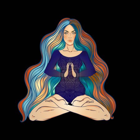 Belle fille assise en position lotus sur fond néon coloré orné. Illustration vectorielle. Composition psychédélique. Bouddhisme motifs ésotériques. Tatouage, yoga spirituel.