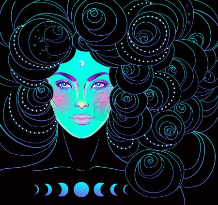 Mystic girl with green face, head of the clouds with moon and stars. Concept of inner reality, mental health, imagination. Female portrait of night goddess. Isolated vector illustration.