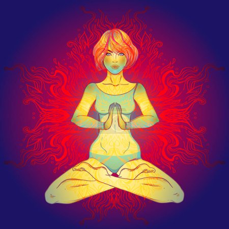 Illustration for Beautiful Girl sitting in lotus position over ornate colorful neon background. Vector illustration. Psychedelic composition. Buddhism esoteric motifs. Tattoo, spiritual yoga. - Royalty Free Image