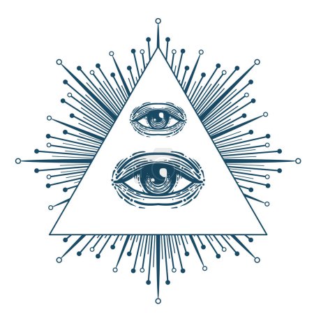 Illustration for Blackwork tattoo flash. Eye of Providence. Masonic symbol. All seeing eye inside triangle pyramid. New World Order. Sacred geometry, religion, spirituality, occultism. Isolated vector illustration - Royalty Free Image