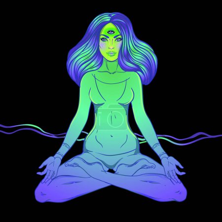 Schöne Mädchen sitzt in Lotusposition über verzierten bunten Neon-Hintergrund. Vektorillustration. Psychedelische Komposition. Esoterische Motive des Buddhismus. Tätowierung, spirituelles Yoga.