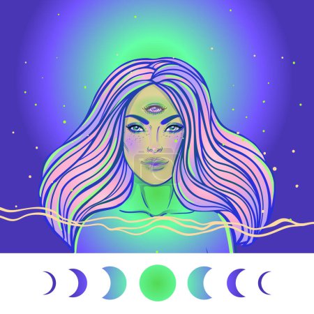 Téléchargez les illustrations : Portrait de fille mystique avec phases de lune. Illustration vectorielle d'un mutant sorcier. Femme avec trois yeux. - en licence libre de droit