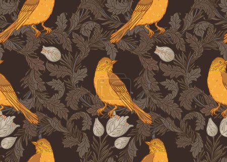 Illustration for Vintage style seamless pattern with Floral wreath and birds for retro wallpapers. Enchanted Vintage Flowers. Arts and Crafts movement inspired. Design for wrapping paper, wallpaper, fabrics and - Royalty Free Image