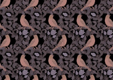 Illustration for Vintage style seamless pattern with Floral wreath and birds for retro wallpapers. Enchanted Vintage Flowers. Arts and Crafts movement inspired. Design for wrapping paper, wallpaper, fabrics and - Royalty Free Image