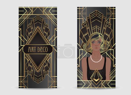 Illustration for Retro fashion, glamour girl of twenties. African American woman. Vector illustration. Flapper 20s style. Vintage party invitation design template. Fancy black lady. - Royalty Free Image