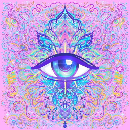 Illustration for Sacred geometry symbol with all seeing eye over in acid colors. Mystic, alchemy, occult concept. Design for indie music cover, t-shirt print, psychedelic poster, flyer. Astrology, esoteric, religion. - Royalty Free Image