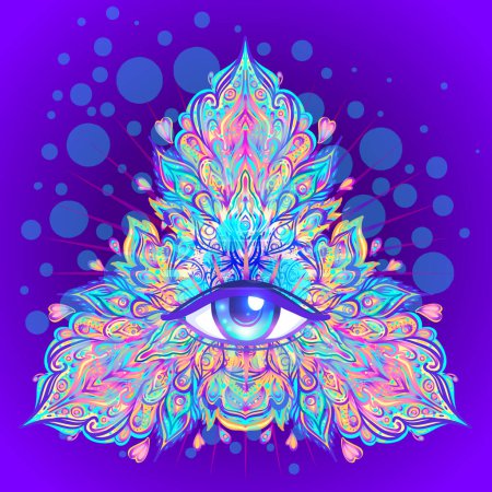 Sacred geometry symbol with all seeing eye over in acid colors. Mystic, alchemy, occult concept. Design for indie music cover, t-shirt print, psychedelic poster, flyer. Astrology, esoteric, religion.