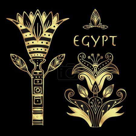 Ilustración de Elemento de diseño floral egipcio engastado en oro aislado en blanco. Estilo Art deco. Flor de loto, signo vectorial, símbolo, logotipo ilustración. Espiritualidad, ocultismo, química, tatuaje de flores. - Imagen libre de derechos