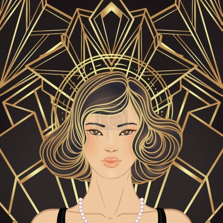 Illustration for Retro fashion, glamour girl of twenties. Asian pretty woman. Vector illustration. Flapper 20s style. Vintage party invitation design template. Fancy asian lady. - Royalty Free Image