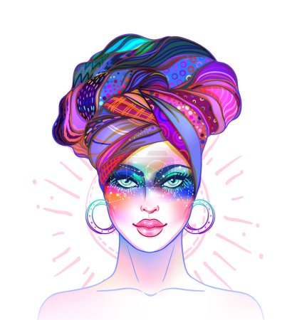 Illustration for Cute teen girl with galaxy make up, stars, constellations and turban on her head. Hipster, pastel goth, vibrant colors. Vector zodiac illustration. - Royalty Free Image