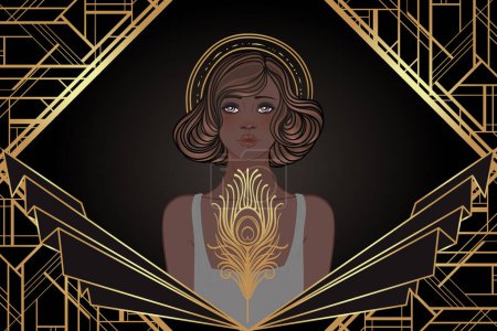 Illustration for Retro fashion, glamour girl of twenties. African American woman. Vector illustration. Flapper 20s style. Vintage party invitation design template. Fancy black lady. - Royalty Free Image