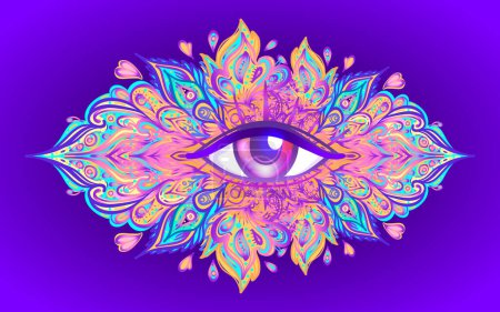 Illustration for Sacred geometry symbol with all seeing eye over in acid colors. Mystic, alchemy, occult concept. Design for indie music cover, t-shirt print, psychedelic poster, flyer. Astrology, esoteric, religion. - Royalty Free Image