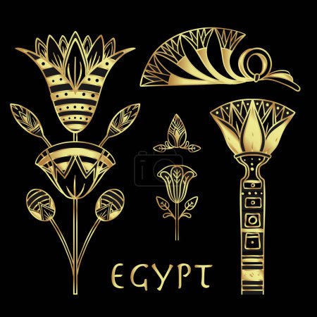 Illustration for Egyptian floral design element set in gold isolated on white. Art deco style. Lotus flower, vector sign, symbol, logo illustration. Spirituality, occultism, chemistry, flower tattoo. - Royalty Free Image