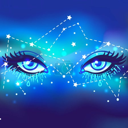 Illustration for Galaxy in your eyes. Vector bright colorful cosmos background. Magic fairy face, nebula make up with a stars. Hand-drawn Eye of Providence. Alchemy, religion, spirituality, occultism. - Royalty Free Image