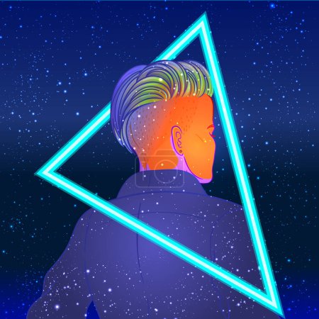 Portrait of a young pretty androgynous woman with short shaved pixie undercut in retro futurism style. Vector illustration in neon bright colors. Dyed short hair. futuristic synth wave flyer template