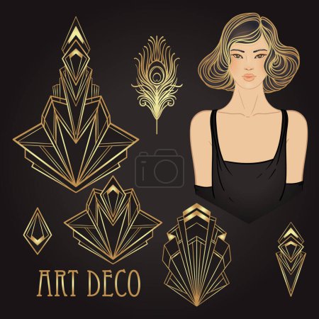 Retro fashion, glamour girl of twenties. Asian pretty woman. Vector illustration. Flapper 20s style. Vintage party invitation design template. Fancy asian lady.