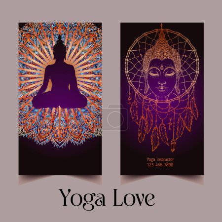 Illustration for Stretch and Strength. Yoga card, flyer, poster, mat design. Colorful template for spiritual retreat or yoga studio. Ornamental business cards, oriental pattern. Vector illustration - Royalty Free Image