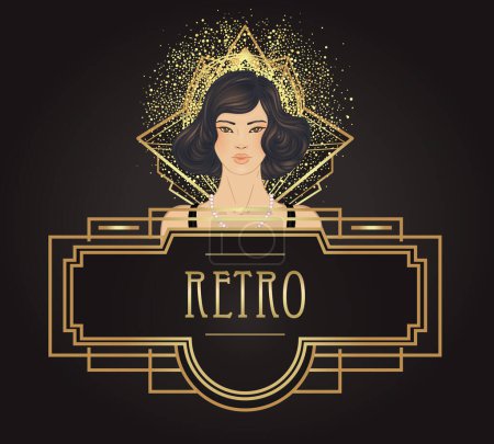 Retro fashion, glamour girl of twenties. Asian pretty woman. Vector illustration. Flapper 20s style. Vintage party invitation design template. Fancy asian lady.