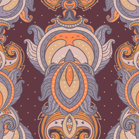Ilustración de Floral paisley indian vector colorful ornate seamless pattern. Hand drawn design in ethnic Indian style. Mystic abstract background, hippie and boho texture. Occult and tribal fusion trippy wallpaper. - Imagen libre de derechos