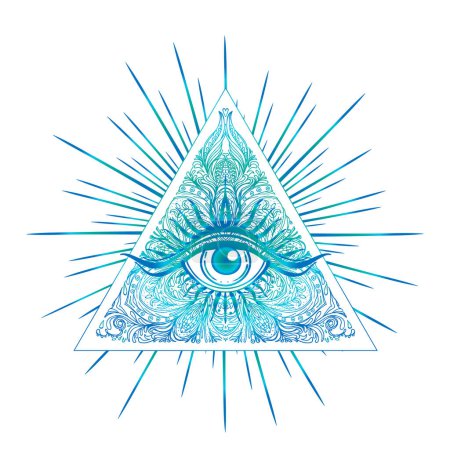 Illustration for All seeing eye in ornate round mandala pattern. Mystic, alchemy, occult concept. Design for music cover, t-shirt , boho poster, flyer. Astrology, shamanism, religion. Coloring book pages for adults. - Royalty Free Image