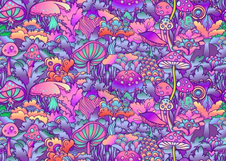 Illustration for Magic mushrooms and stars seamless pattern. Psychedelic hallucination. 60s hippie colorful art. Vintage psychedelic textile, fabric, wrapping, wallpaper. Vector repeating illustration. - Royalty Free Image