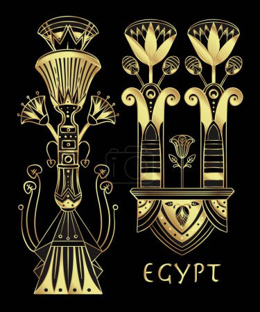 Illustration for Egyptian floral design element set in gold isolated on white. Art deco style. Lotus flower, vector sign, symbol, logo illustration. Spirituality, occultism, chemistry, flower tattoo. - Royalty Free Image