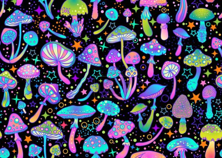 Illustration for Magic mushrooms and stars seamless pattern. Psychedelic hallucination. 60s hippie colorful art. Vintage psychedelic textile, fabric, wrapping, wallpaper. Vector repeating illustration. - Royalty Free Image