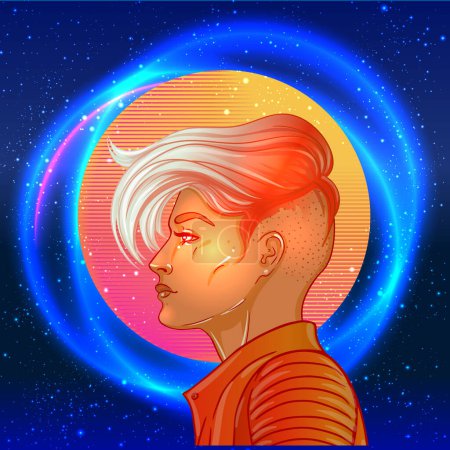 Portrait of a young pretty androgynous woman with short shaved pixie undercut in retro futurism style. Vector illustration in neon bright colors. Dyed short hair. futuristic synth wave flyer template