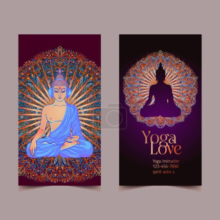 Illustration for Stretch and Strength. Yoga card, flyer, poster, mat design. Colorful template for spiritual retreat or yoga studio. Ornamental business cards, oriental pattern. Vector illustration - Royalty Free Image