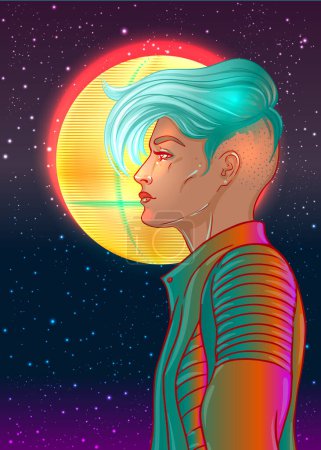 Illustration for Portrait of a young pretty androgynous woman with short shaved pixie undercut in retro futurism style. Vector illustration in neon bright colors. Dyed short hair. futuristic synth wave flyer template - Royalty Free Image