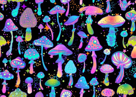 Magische Pilze und Sterne nahtlose Muster. Psychedelische Halluzination. 60er Jahre Hippie bunte Kunst. Vintage psychedelische Textilien, Stoff, Verpackung, Tapeten. Vektorwiederholung.