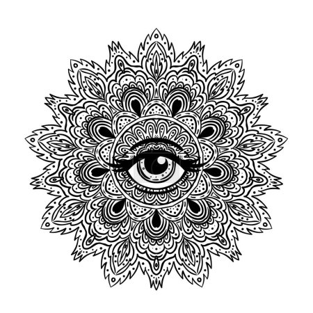 Illustration for All seeing eye in ornate round mandala pattern. Mystic, alchemy, occult concept. Design for music cover, t-shirt , boho poster, flyer. Astrology, shamanism, religion. Coloring book pages for adults. - Royalty Free Image