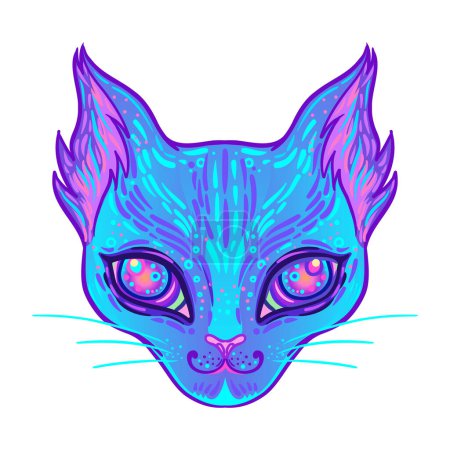 Illustration for Cute cosmic cat face. Galaxy tattoo design for pet lovers, artwork for print, textiles. Isolated vector illustration. - Royalty Free Image