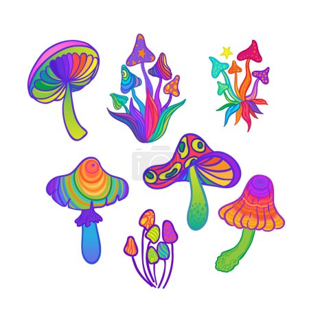 Illustration for Magic mushrooms collection. Psychedelic hallucination inspired vector set. Vibrant vector illustration. 60s hippie colorful art. - Royalty Free Image