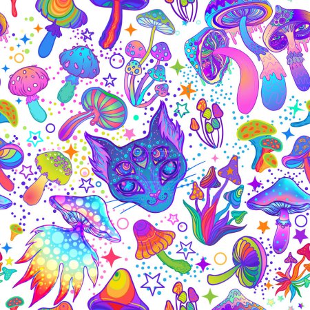 Setas mágicas y patrón cósmico sin costuras para gatos. Alucinación psicodélica. Arte hippie colorido de los 60. Textil psicodélico vintage, tela, envoltura, papel pintado. Vector que repite la ilustración.