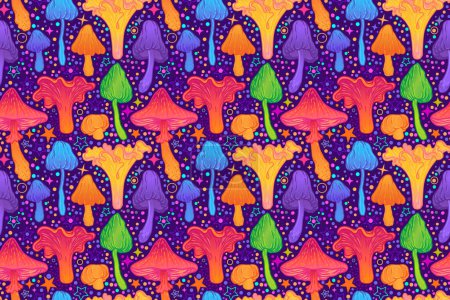 Illustration for Magic mushrooms seamless pattern. Psychedelic hallucination. 60s hippie colorful art. Vintage psychedelic textile, fabric, wrapping paper, wallpaper. Vector repeating illustration. - Royalty Free Image
