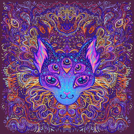 Illustration for Cute fox or cat face over psychedelic ornate pattern. Character tattoo design for pet lovers, artwork for print, textiles. Detailed vector illustration. Totem animal. - Royalty Free Image